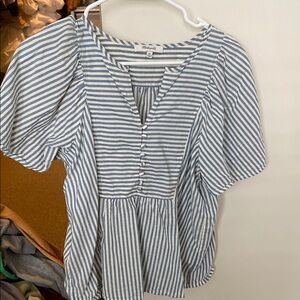 Madewell Blue and White Puff Sleeve Peplum Blouse